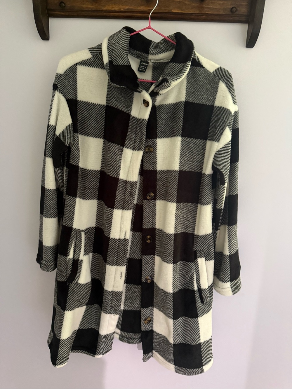 SHEIN Black & White Buffalo Check Button-Up Pea Coat